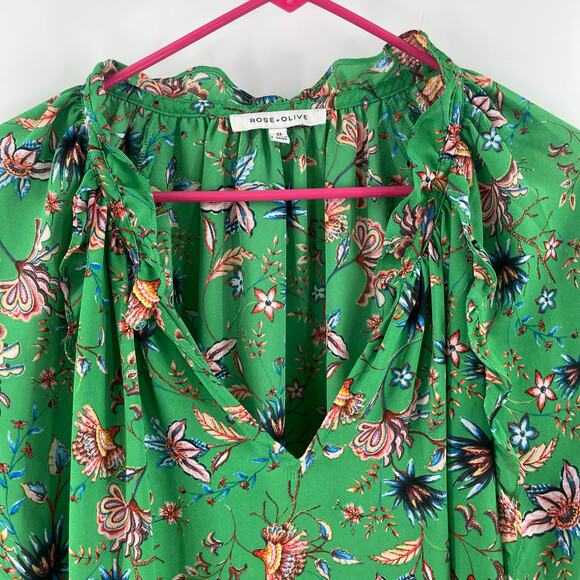 Rose + Olive Blouse Size 2X Green Floral Ruffle Blouson Sleeves Plus Curvy Top - Picture 4 of 11